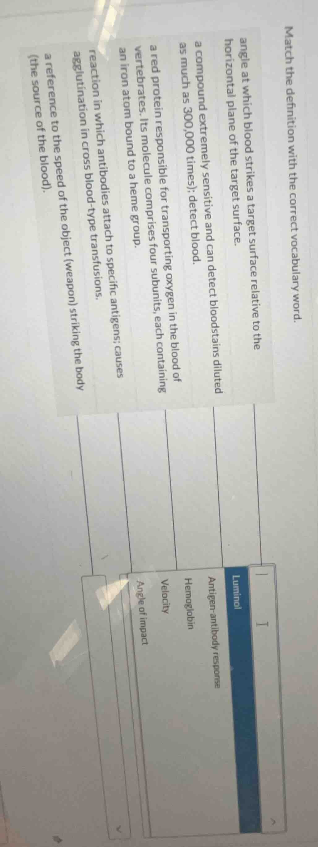 match the definition with the correct vocabulary word. angle at which b…