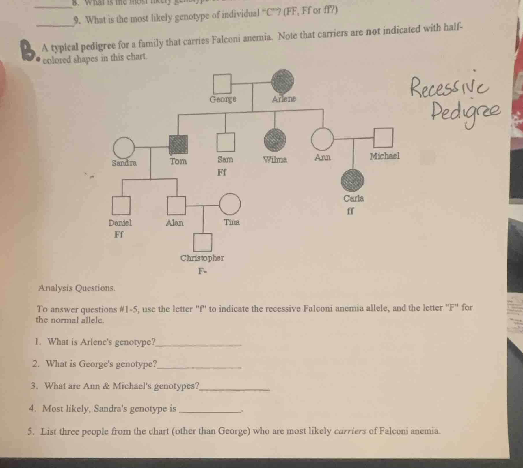 ______9. what is the most likely genotype of individual \c\? (ff, ff or…