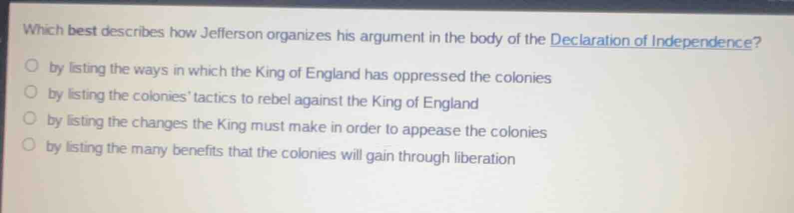 which best describes how jefferson organizes his argument in the body o…