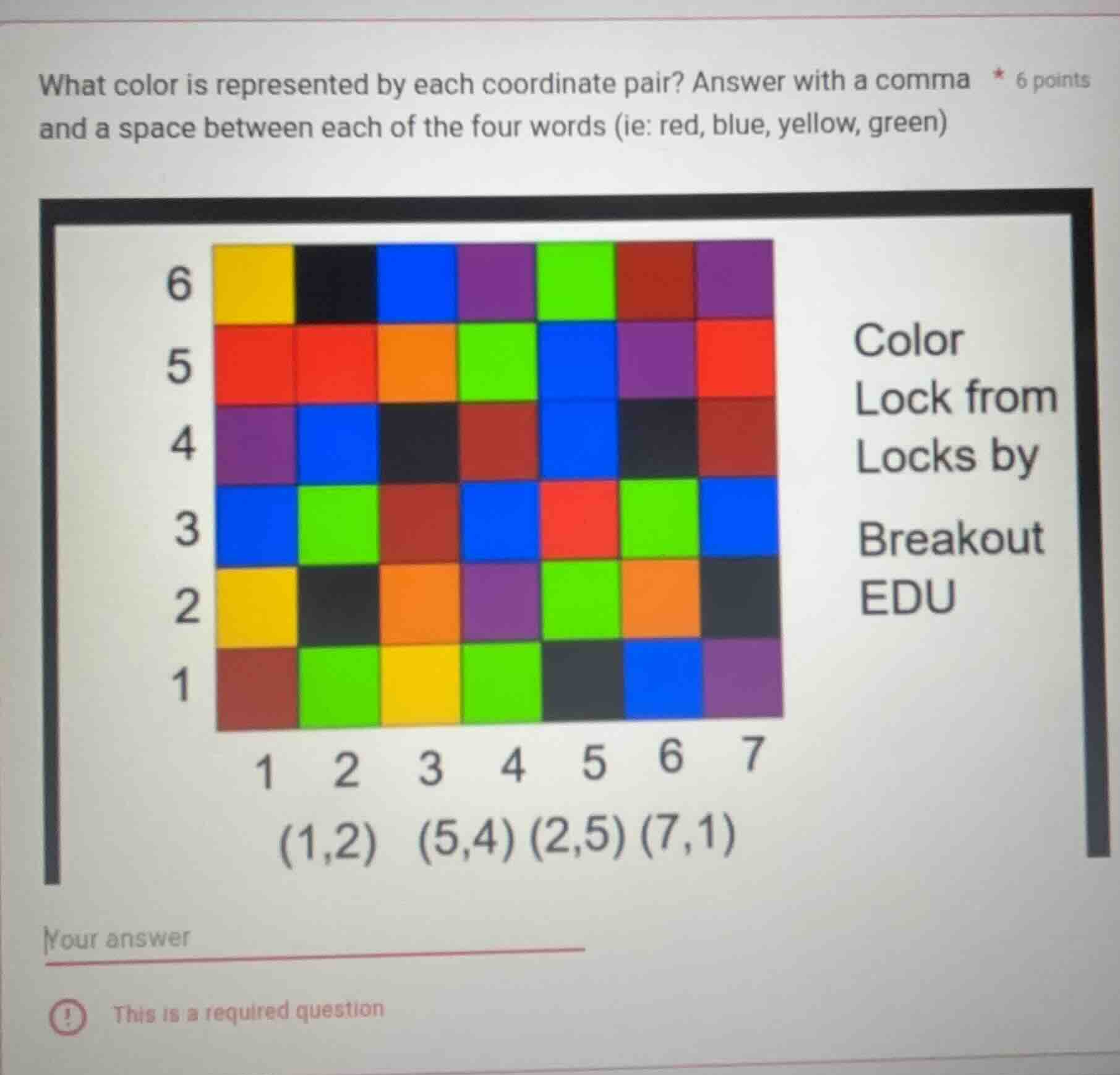 what color is represented by each coordinate pair? answer with a comma …