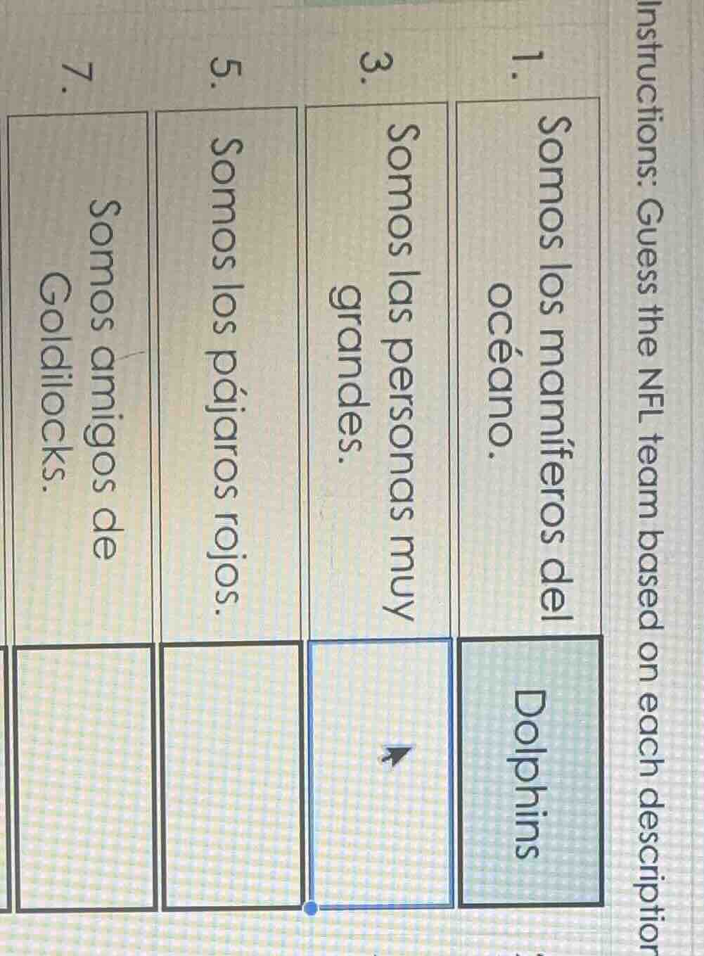 instructions: guess the nfl team based on each description 1. somos los…