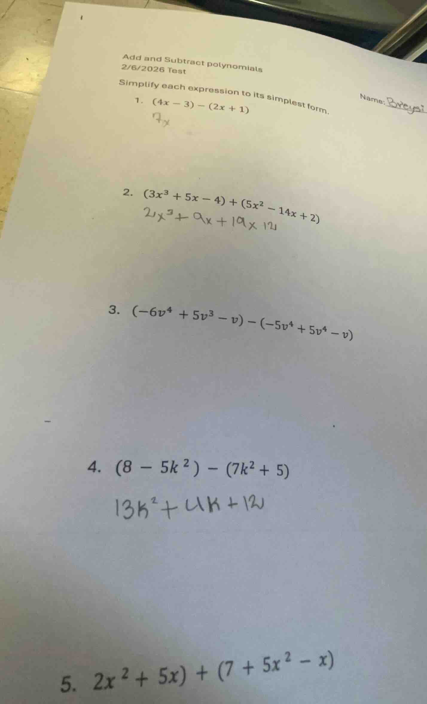 add and subtract polynomials 2/6/2026 test name: breysi simplify each e…