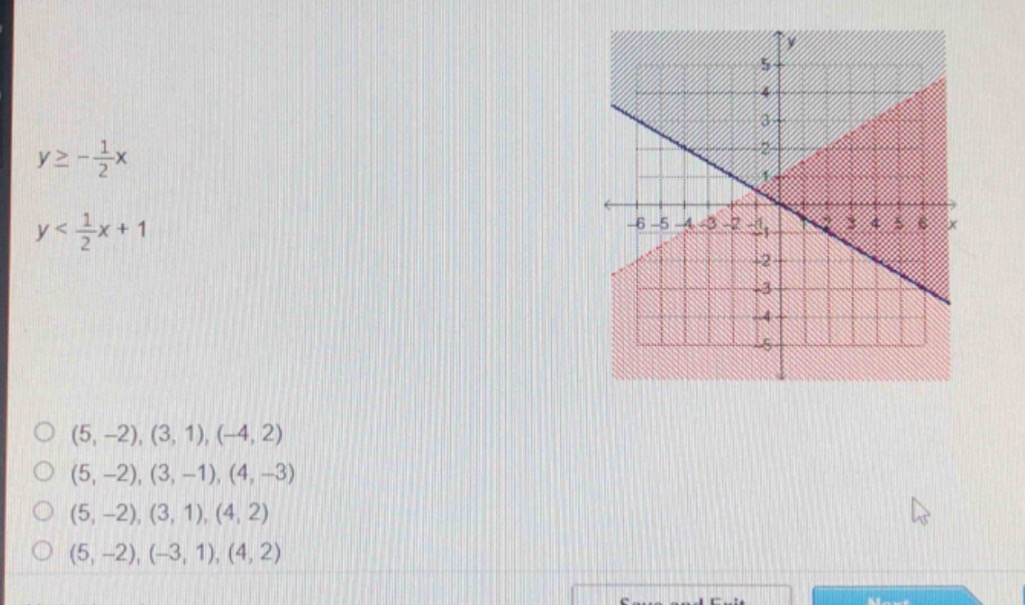 $y geq -\frac{1}{2}x$ $y < \frac{1}{2}x + 1$ \\bigcirc \\ (5, -2), (3, …