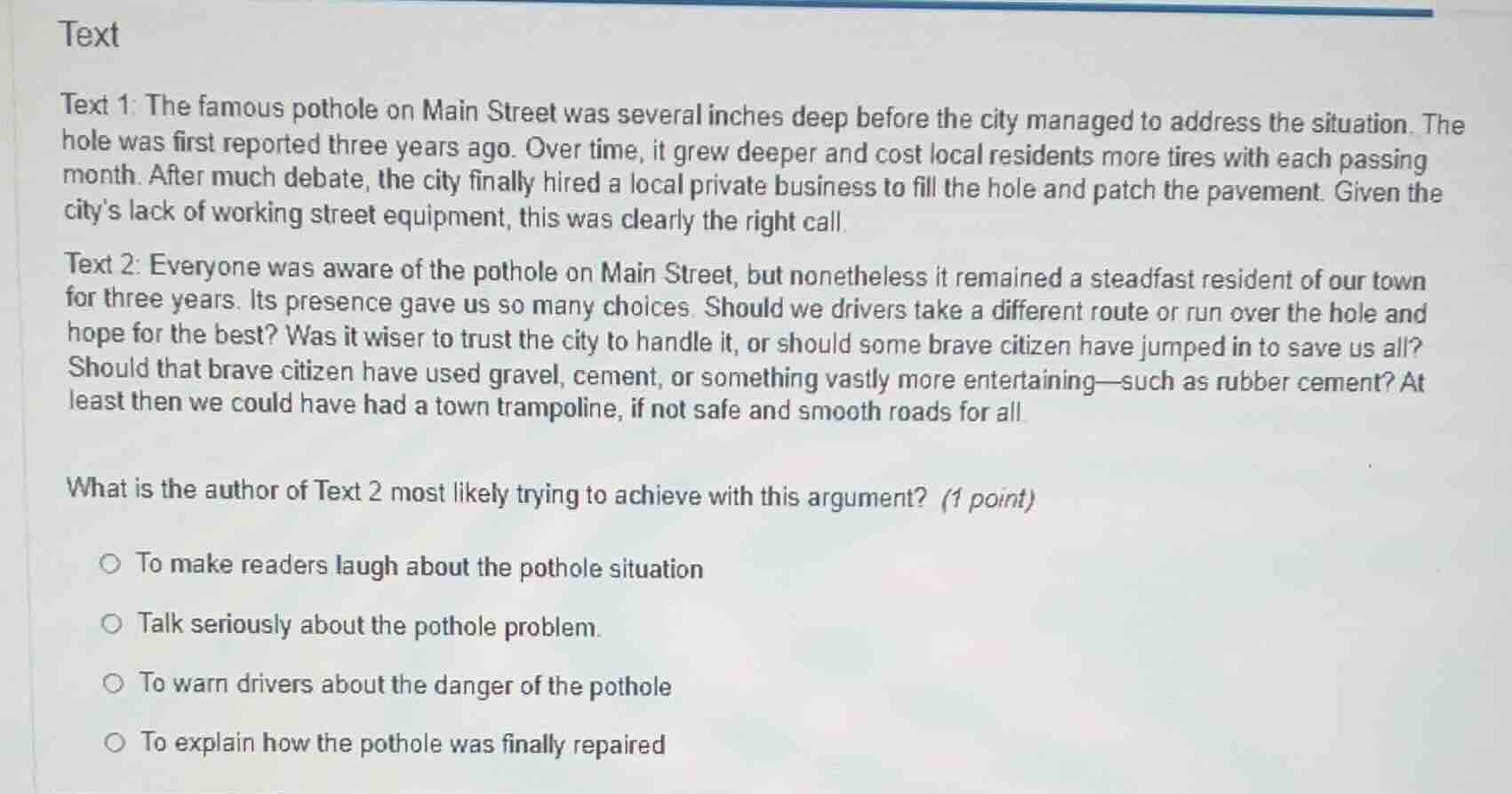 text text 1: the famous pothole on main street was several inches deep …