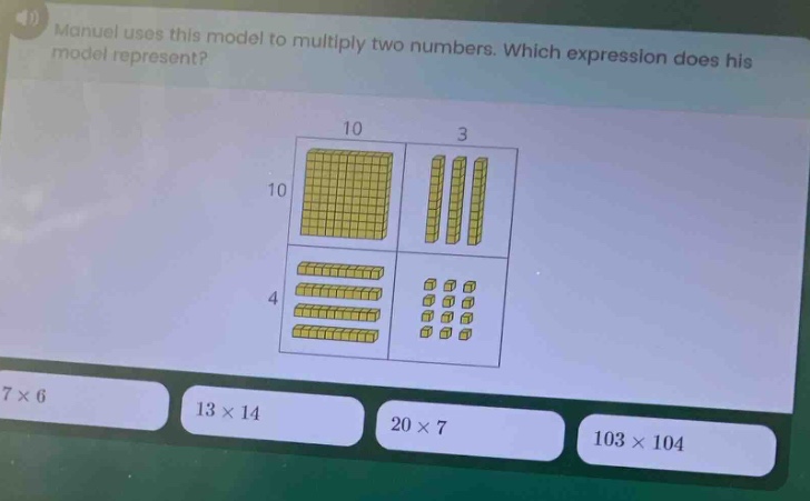 manuel uses this model to multiply two numbers. which expression does h…