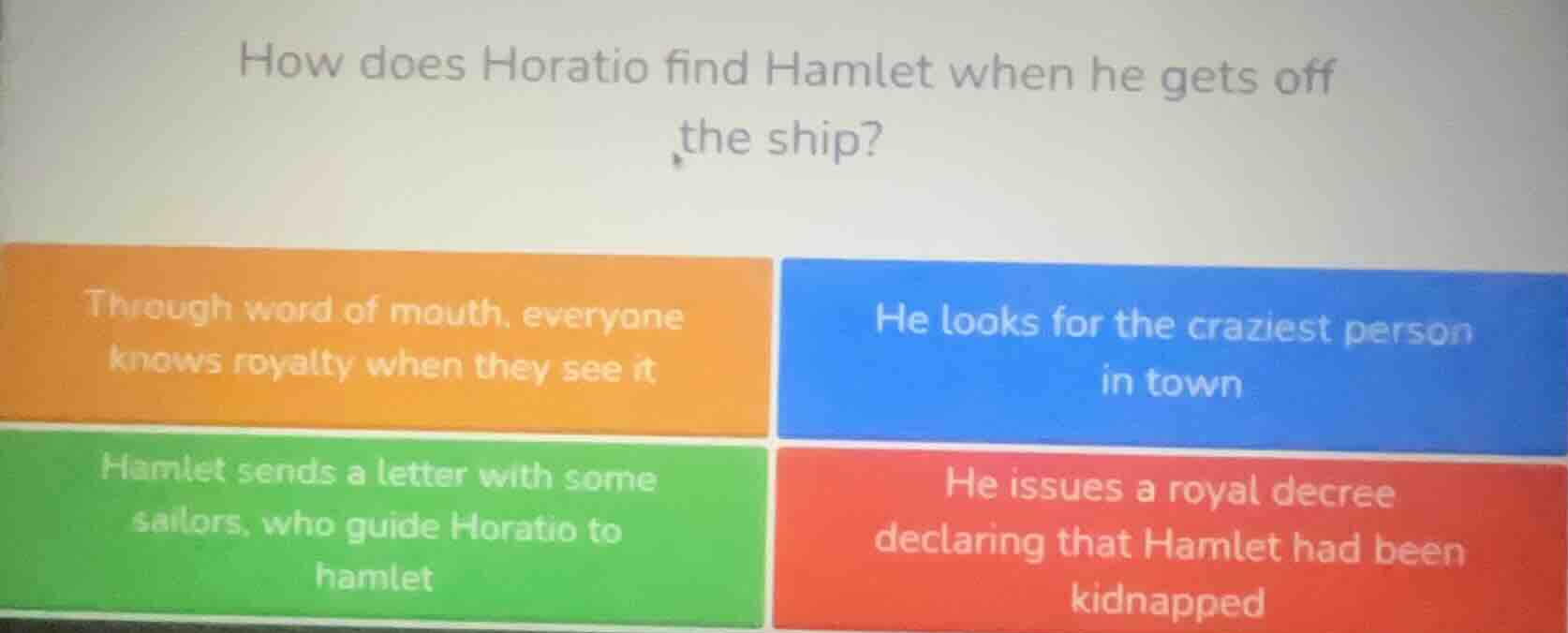 how does horatio find hamlet when he gets off the ship? through word of…