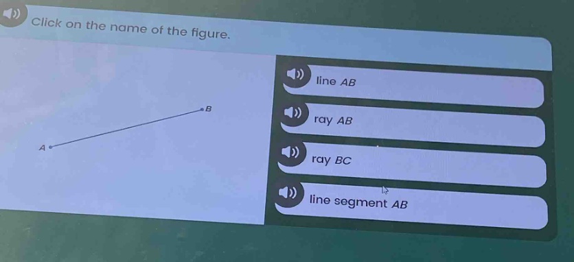click on the name of the figure. line ab ray ab ray bc line segment ab