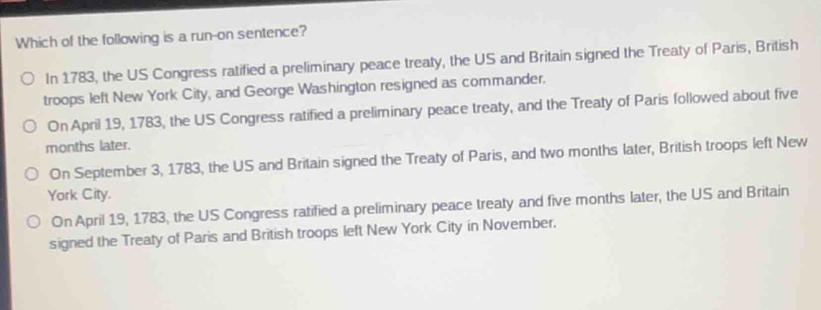which of the following is a run - on sentence? - in 1783, the us congre…