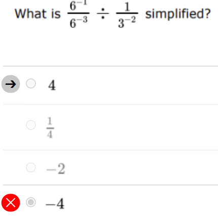 what is \\(\frac{6^{-1}}{6^{-3}} \\div \frac{1}{3^{-2}}\\) simplified? …