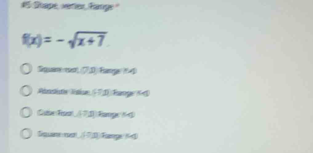 15 shape, vertex, range f(x) = -sqrt{x + 7} square root, (7,0) range: y…