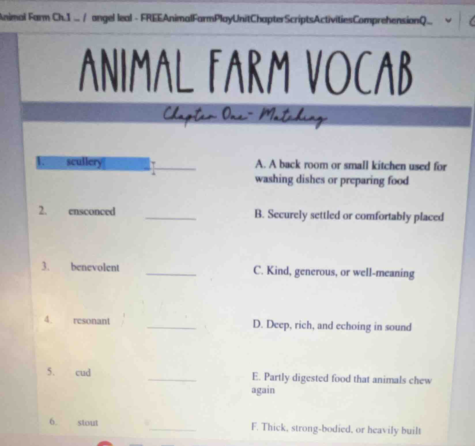 animal farm vocab chapter one - matching 1. scullery a. a back room or …
