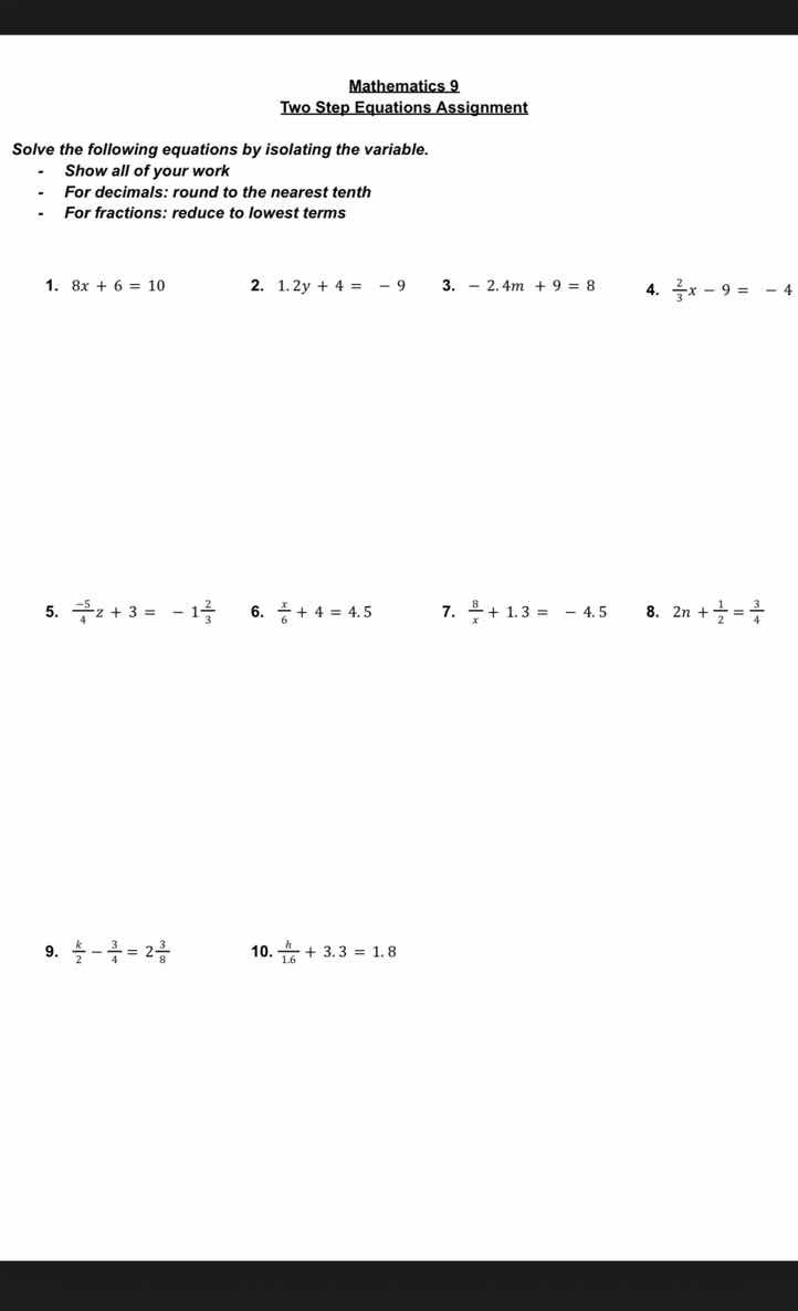 mathematics 9 two step equations assignment solve the following equatio…