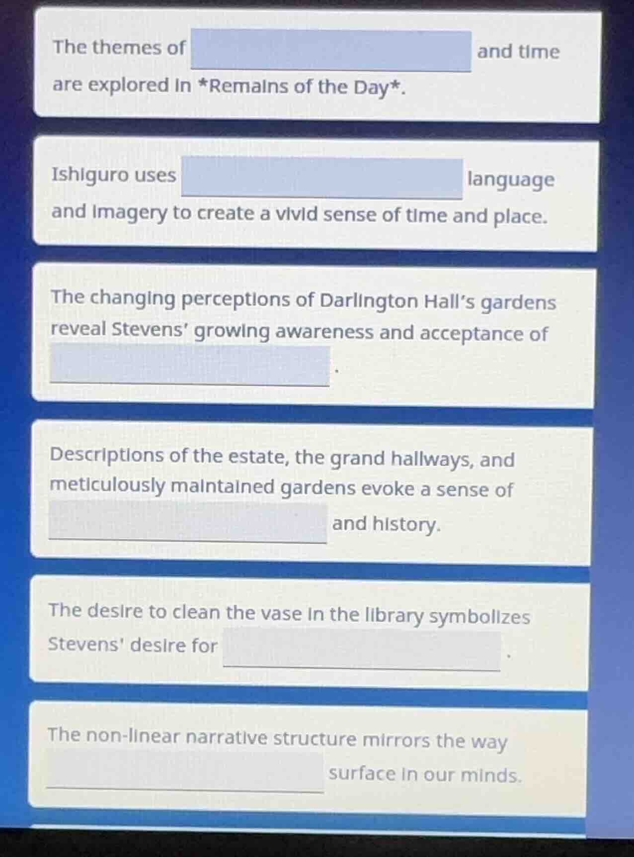 the themes of and time are explored in *remains of the day*. ishiguro u…