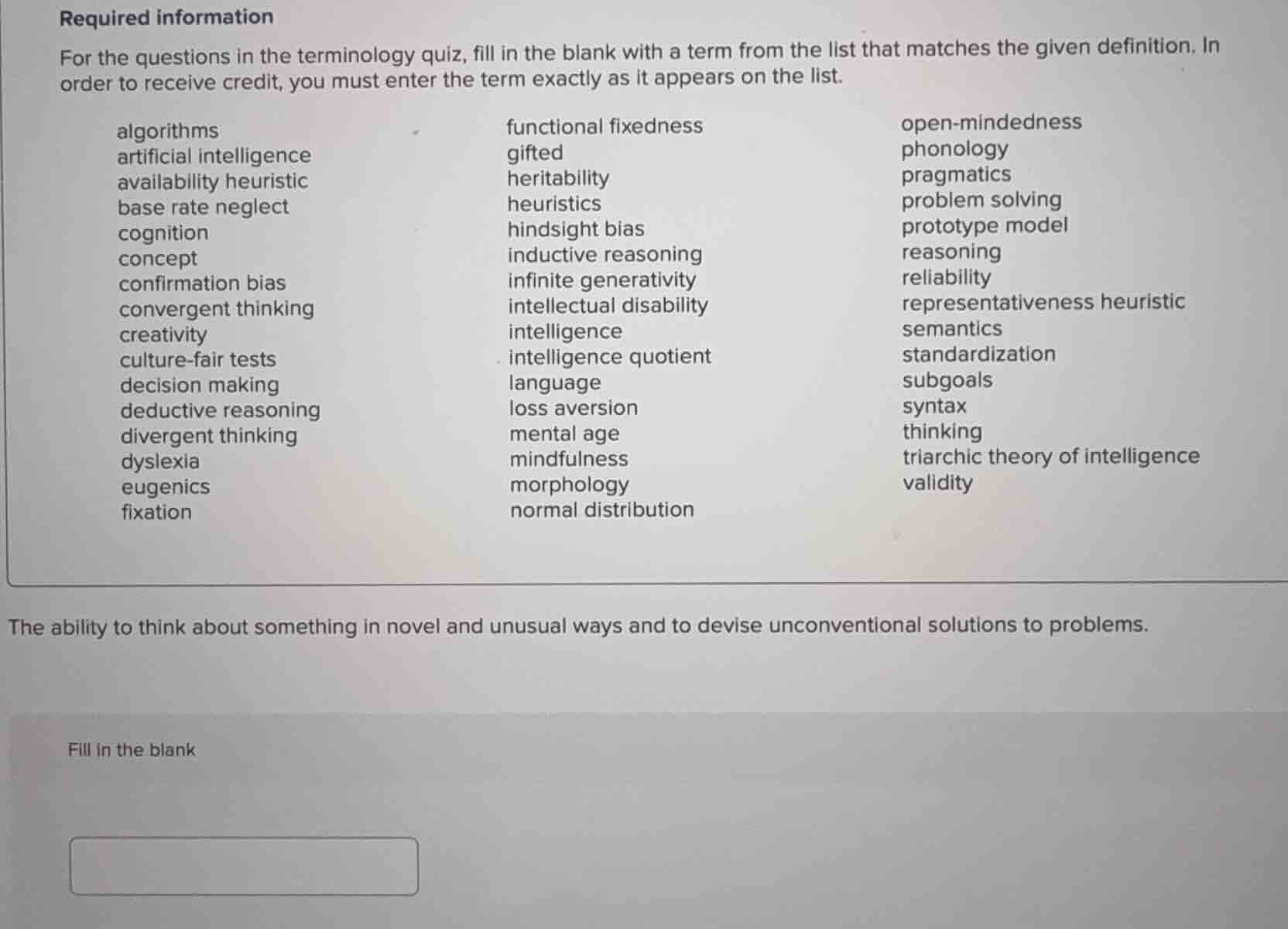 required information for the questions in the terminology quiz, fill in…