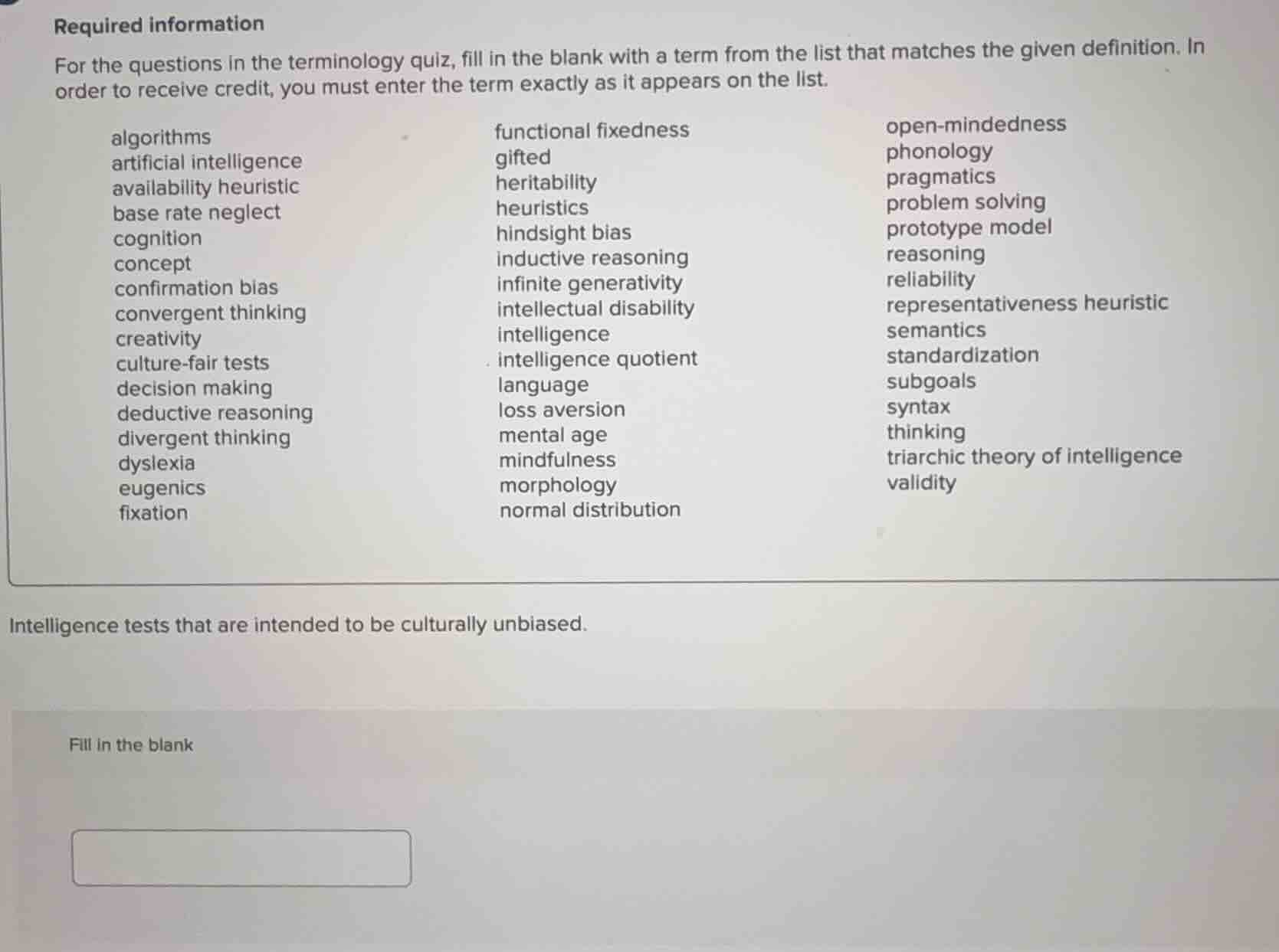 required information for the questions in the terminology quiz, fill in…