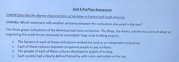 unit 6 pre/post assessment sswh8 describe the diverse characteristics o…