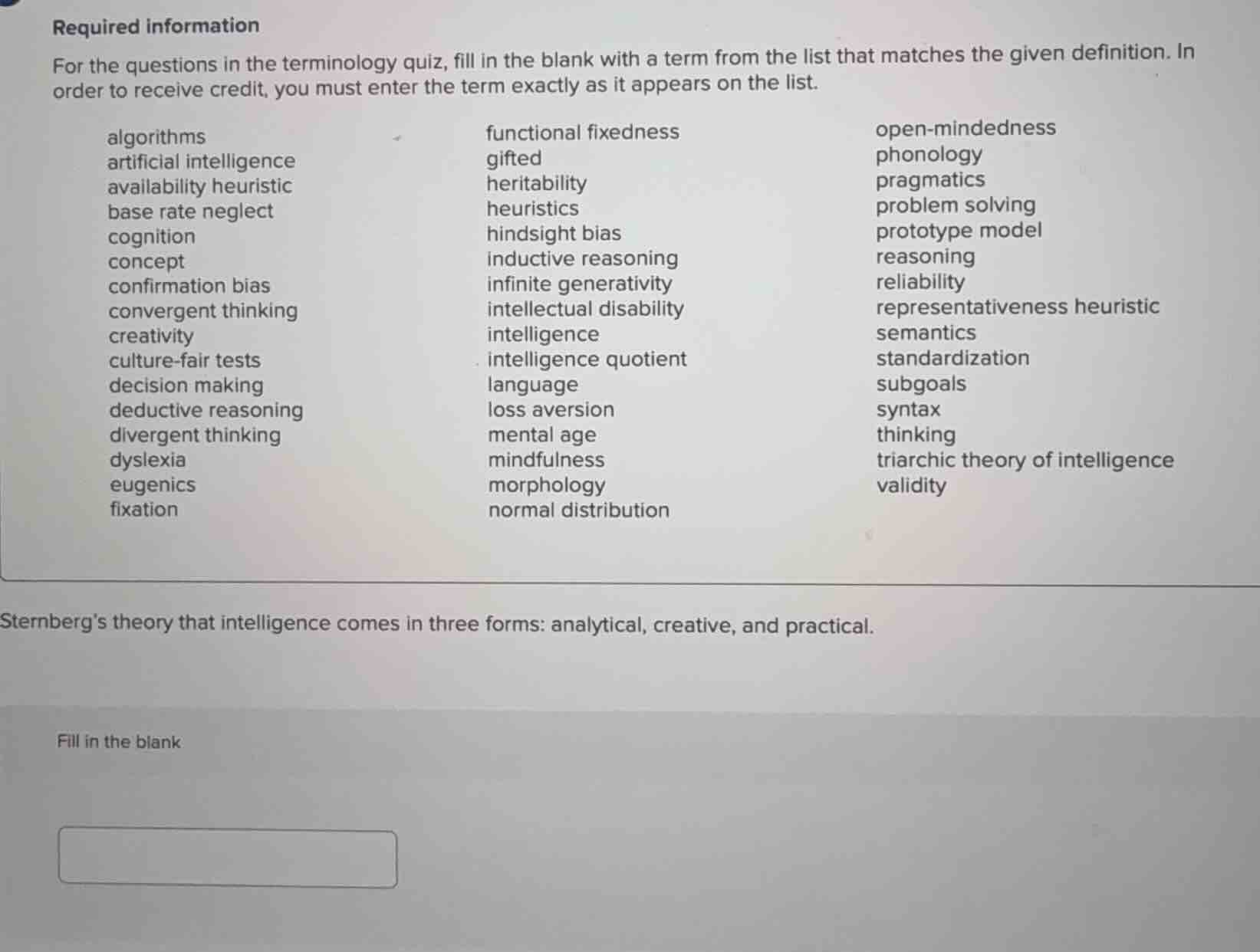 required information for the questions in the terminology quiz, fill in…