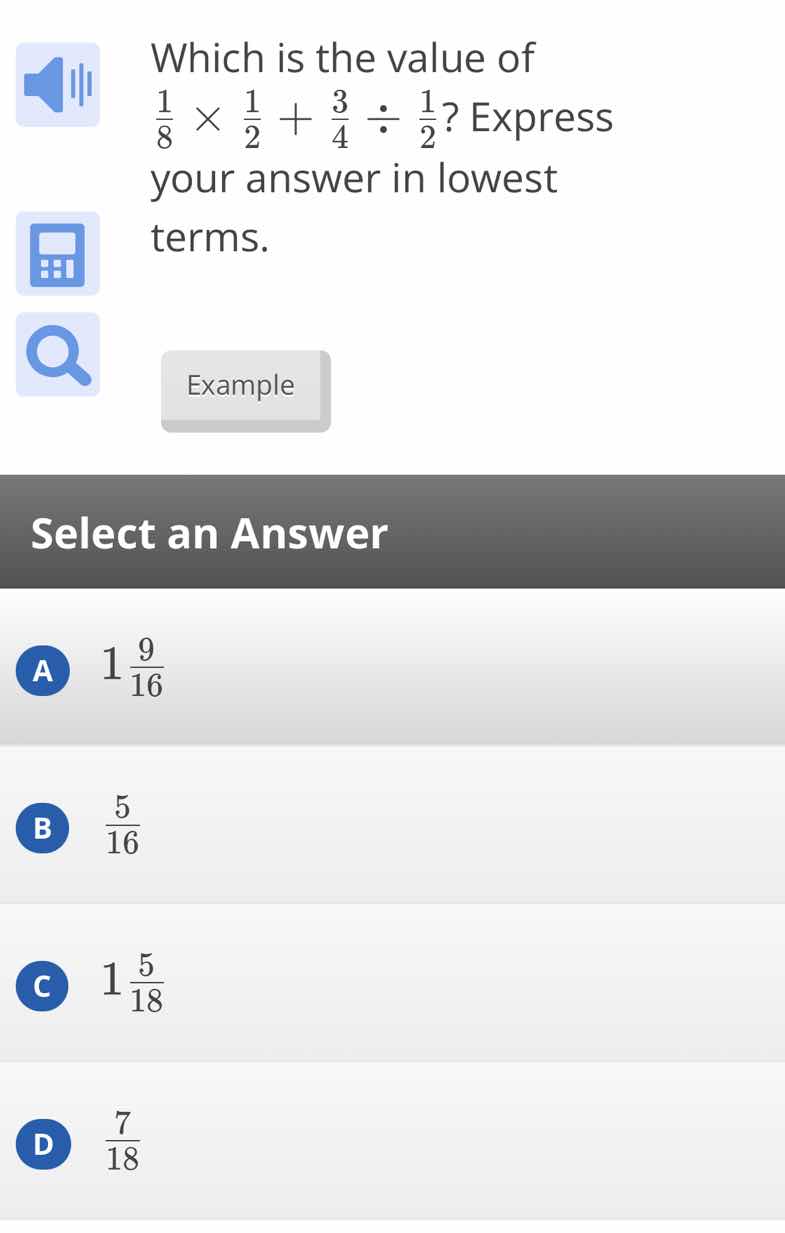 which is the value of (\frac{1}{8} \times \frac{1}{2} + \frac{3}{4} div…