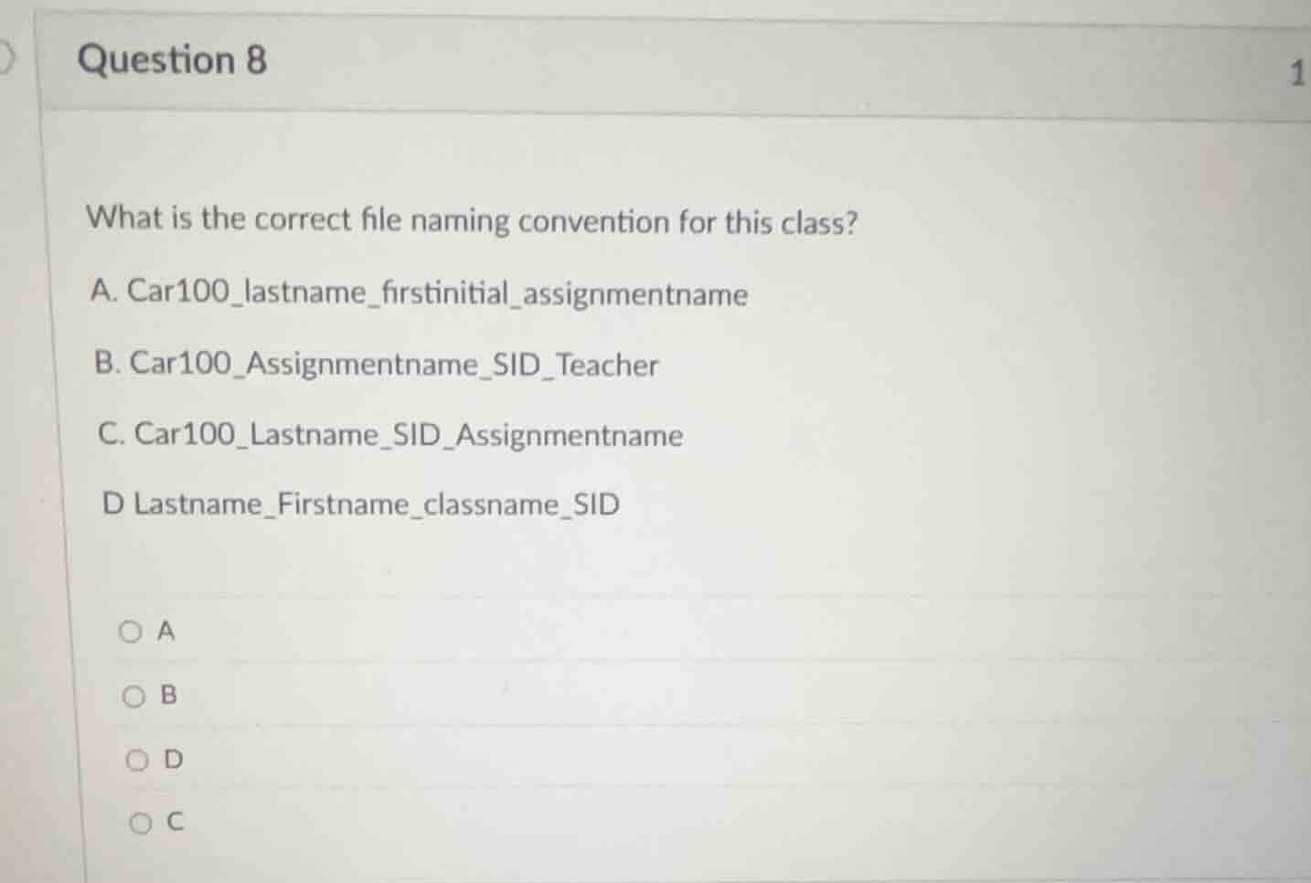question 8 what is the correct file naming convention for this class? a…