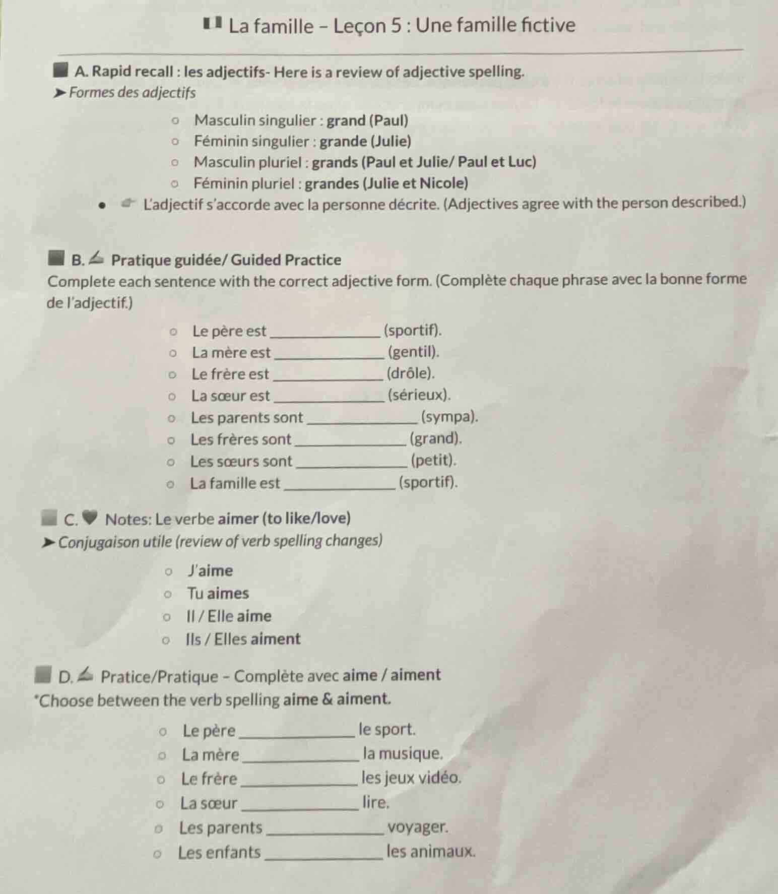la famille - leçon 5 : une famille fictive a. rapid recall : les adject…