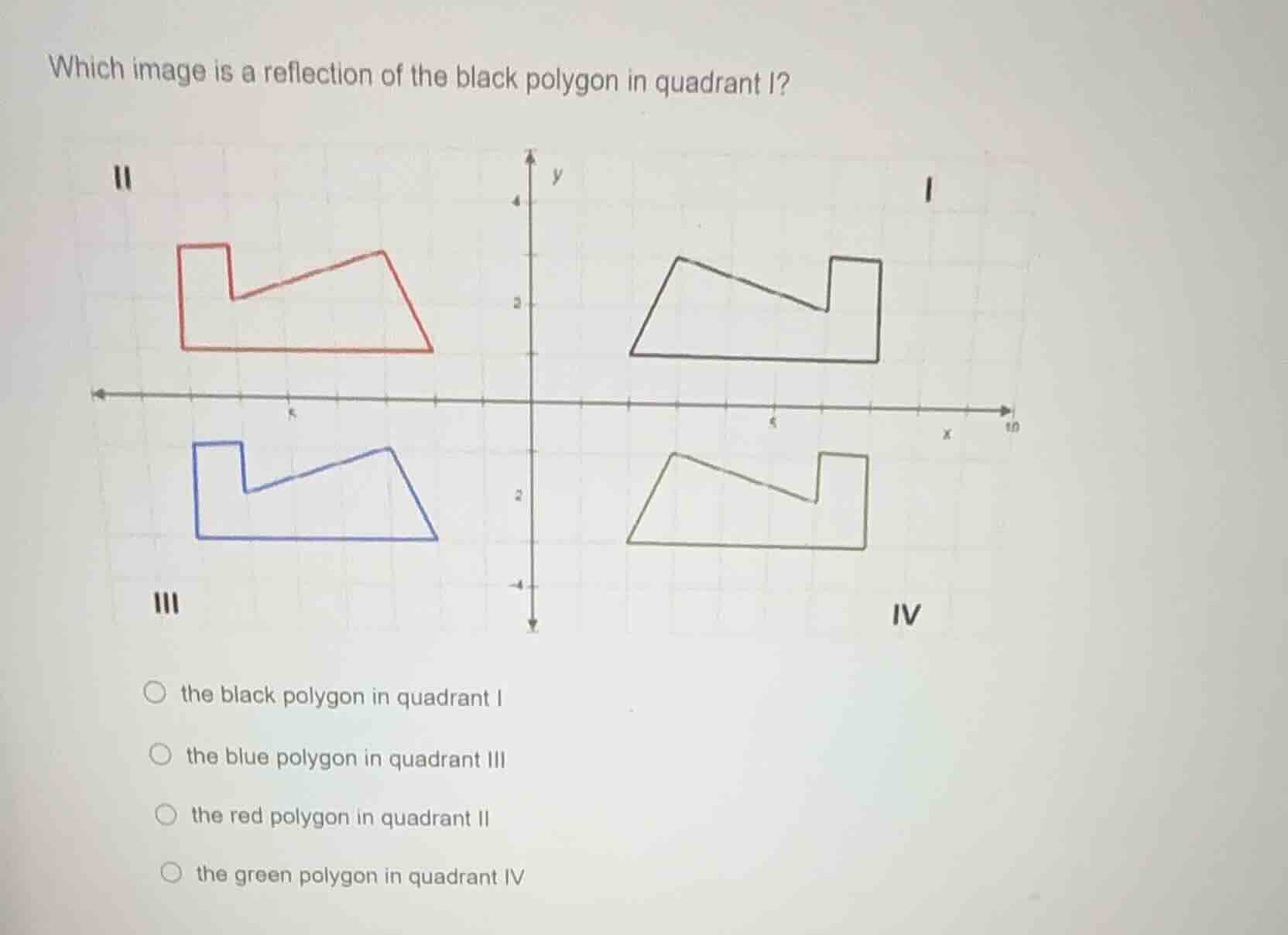 which image is a reflection of the black polygon in quadrant i? options…