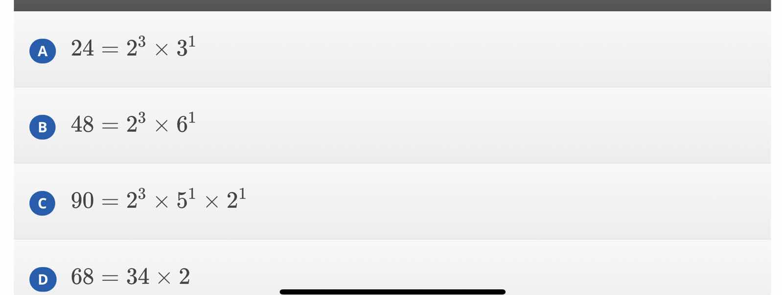 a $24 = 2^3 \\times 3^1$ b $48 = 2^3 \\times 6^1$ c $90 = 2^3 \\times 5…