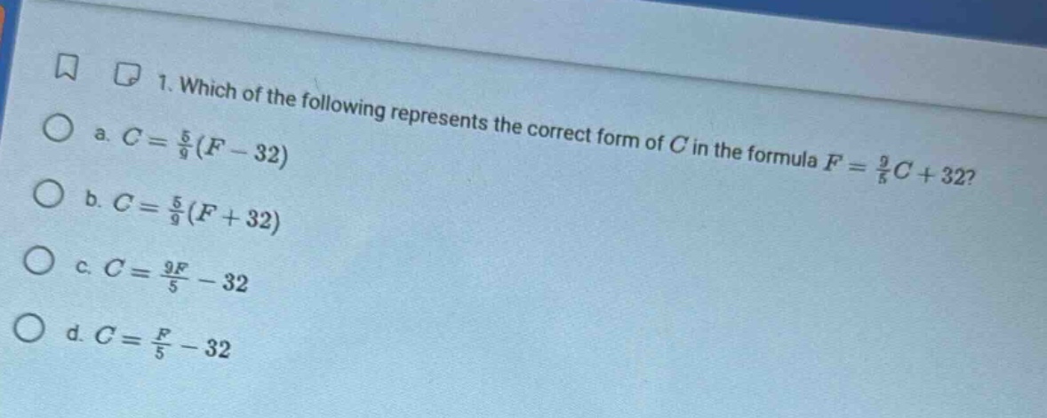 1. which of the following represents the correct form of c in the formu…