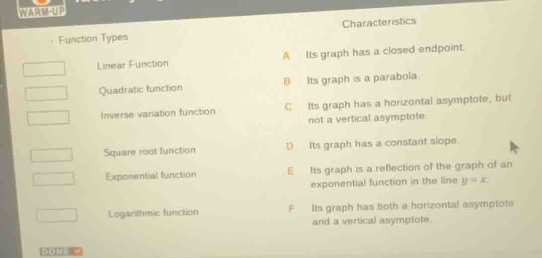 warm-up function types characteristics linear function a its graph has …