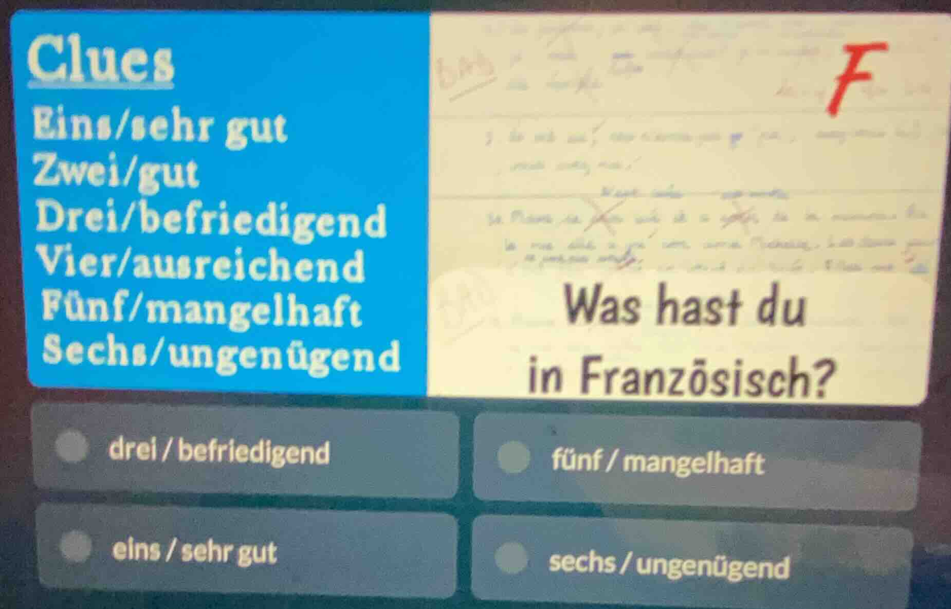 clues eins/sehr gut zwei/gut drei/befriedigend vier/ausreichend fünf/ma…