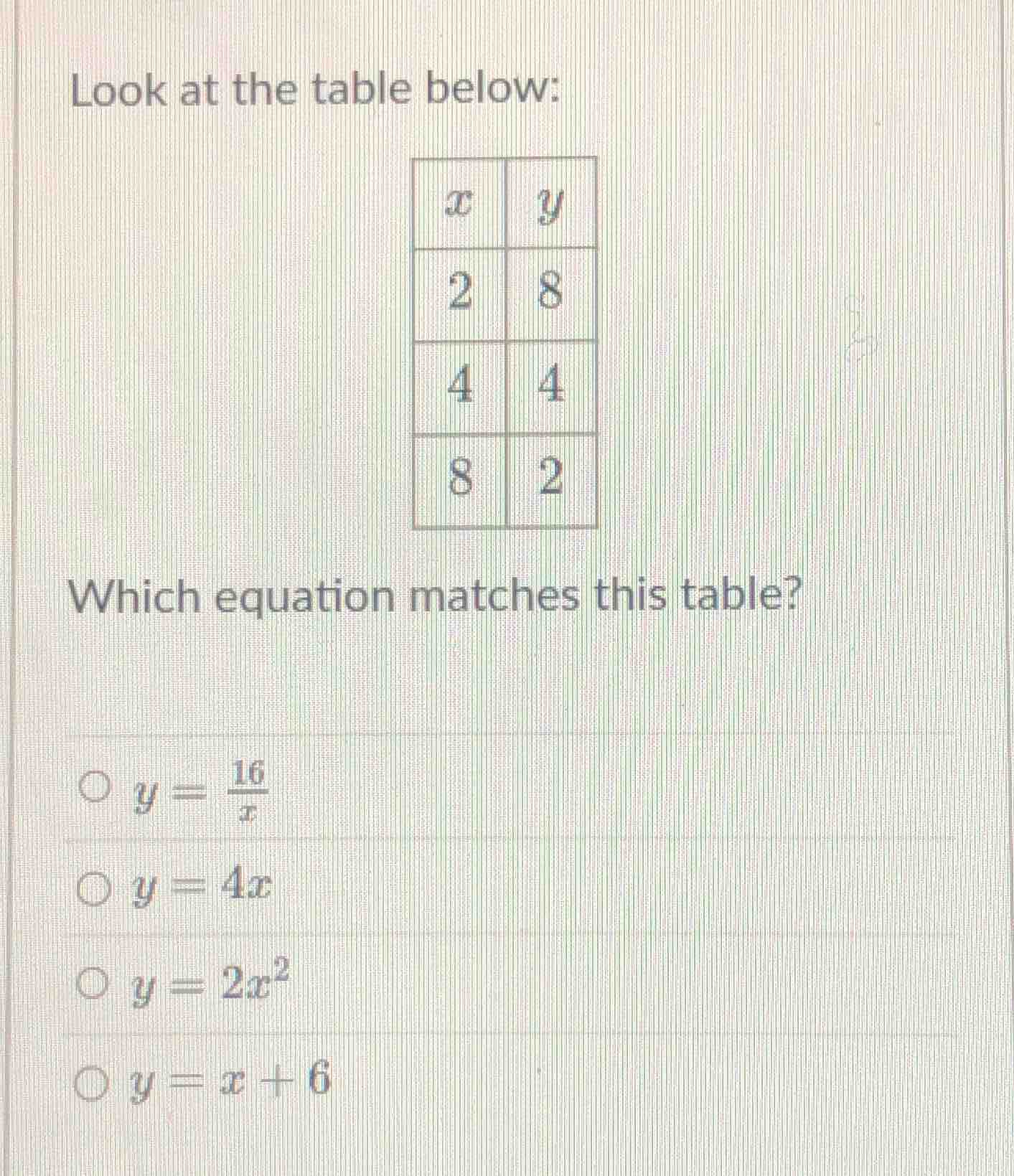 look at the table below: | x | y | | 2 | 8 | | 4 | 4 | | 8 | 2 | which …