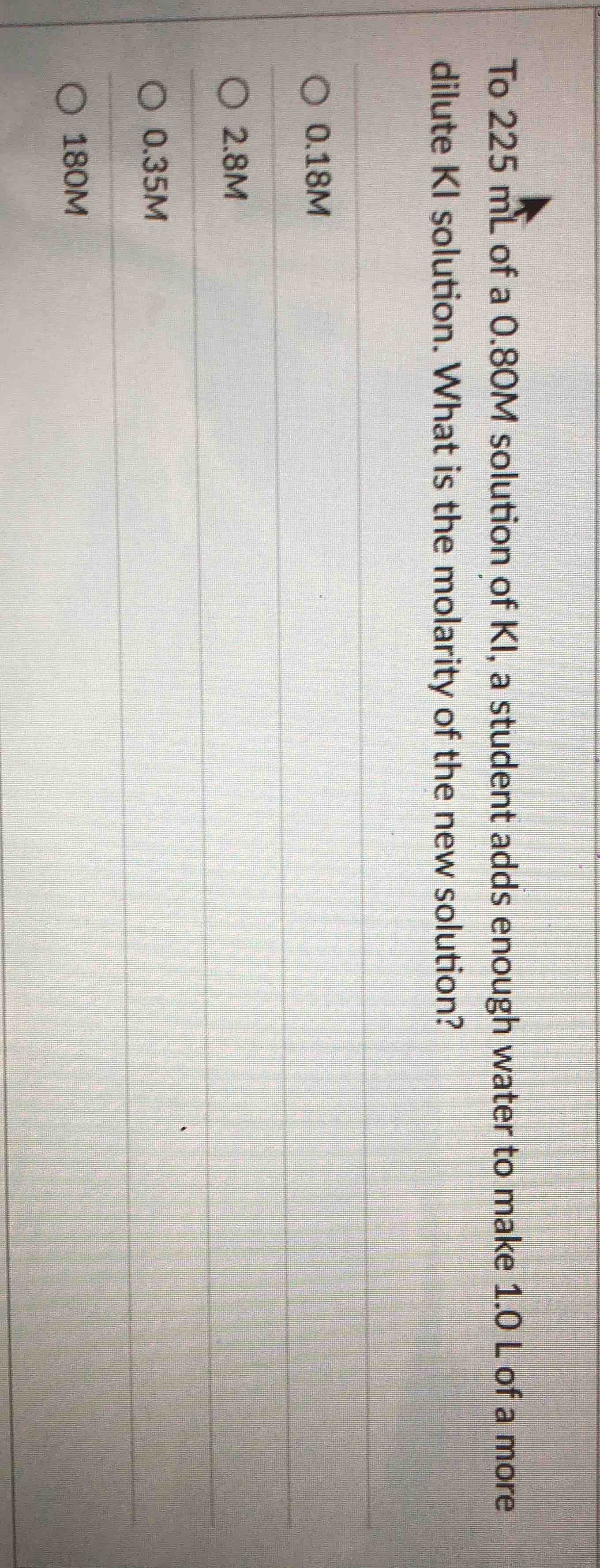 to 225 ml of a 0.80m solution of ki, a student adds enough water to mak…