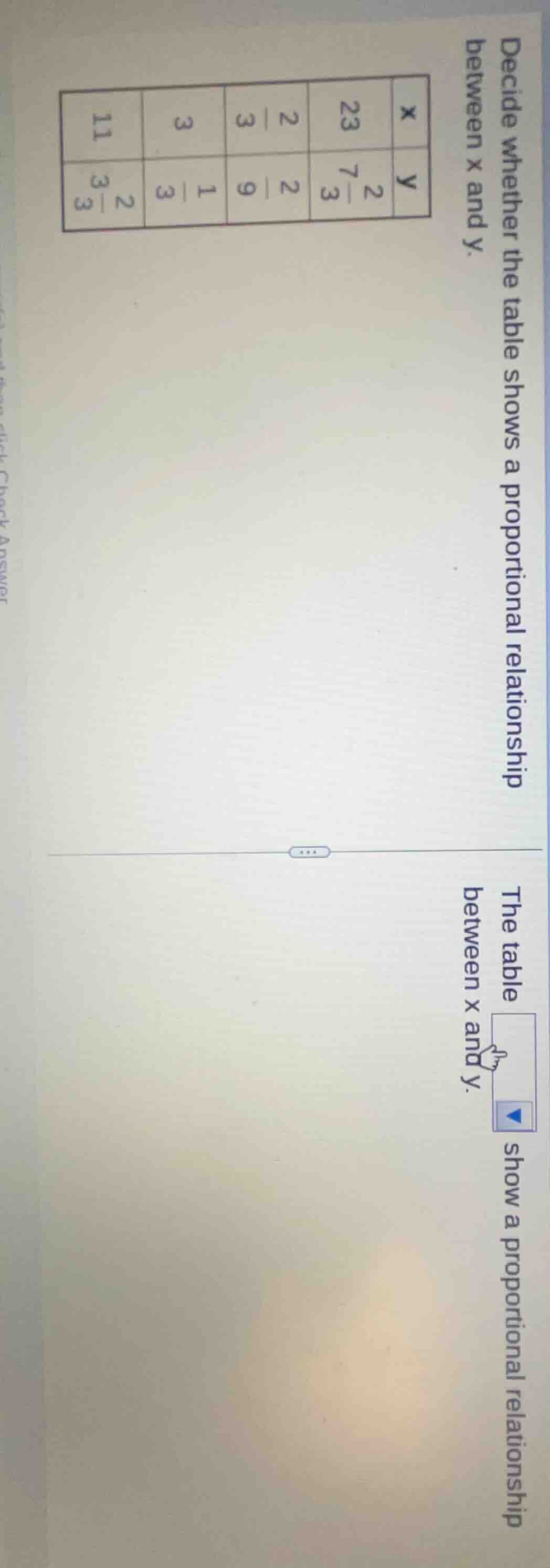 decide whether the table shows a proportional relationship between x an…