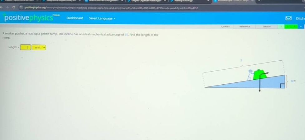 a worker pushes a load up a gentle ramp. the incline has an ideal mecha…
