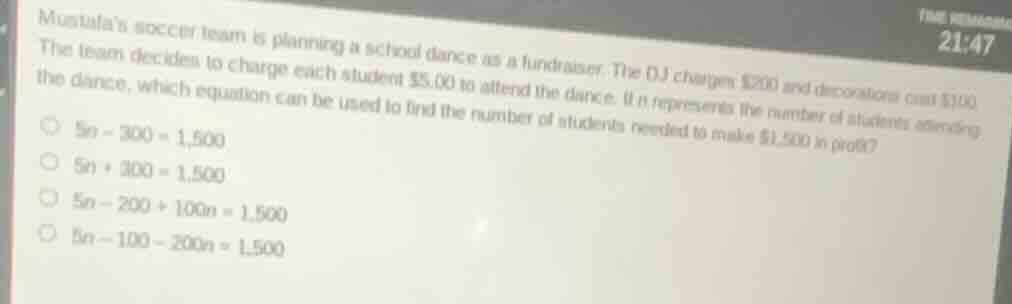 mustafas soccer team is planning a school dance as a fundraiser. the dj…