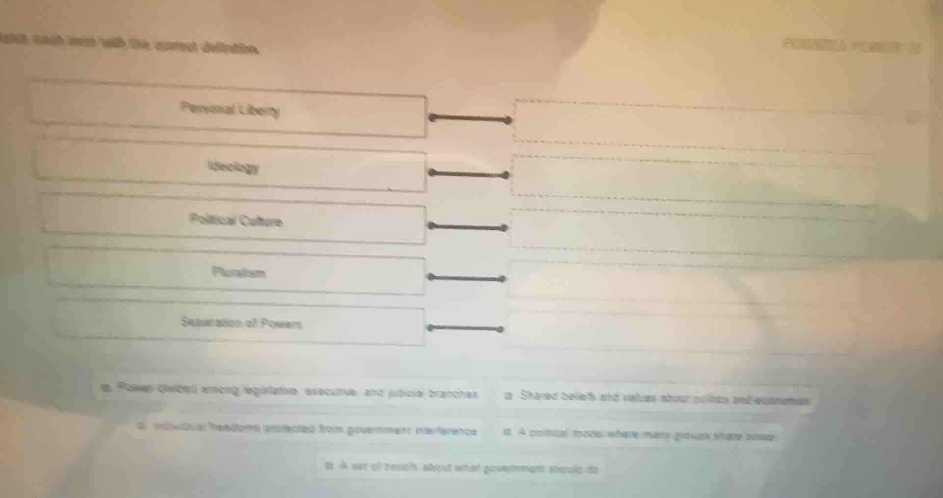match each term with the correct definition. personal liberty ideology …