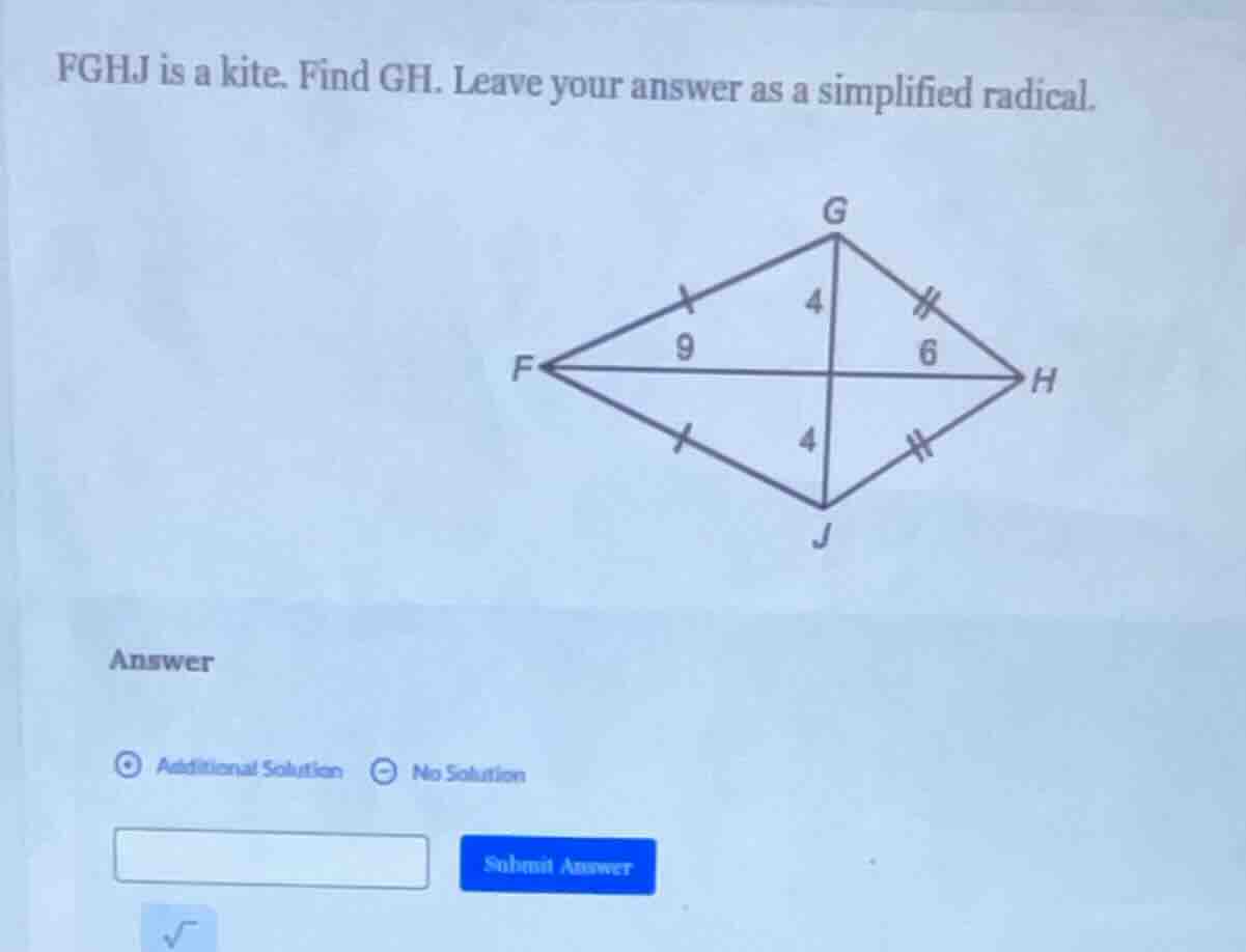 fghj is a kite. find gh. leave your answer as a simplified radical.