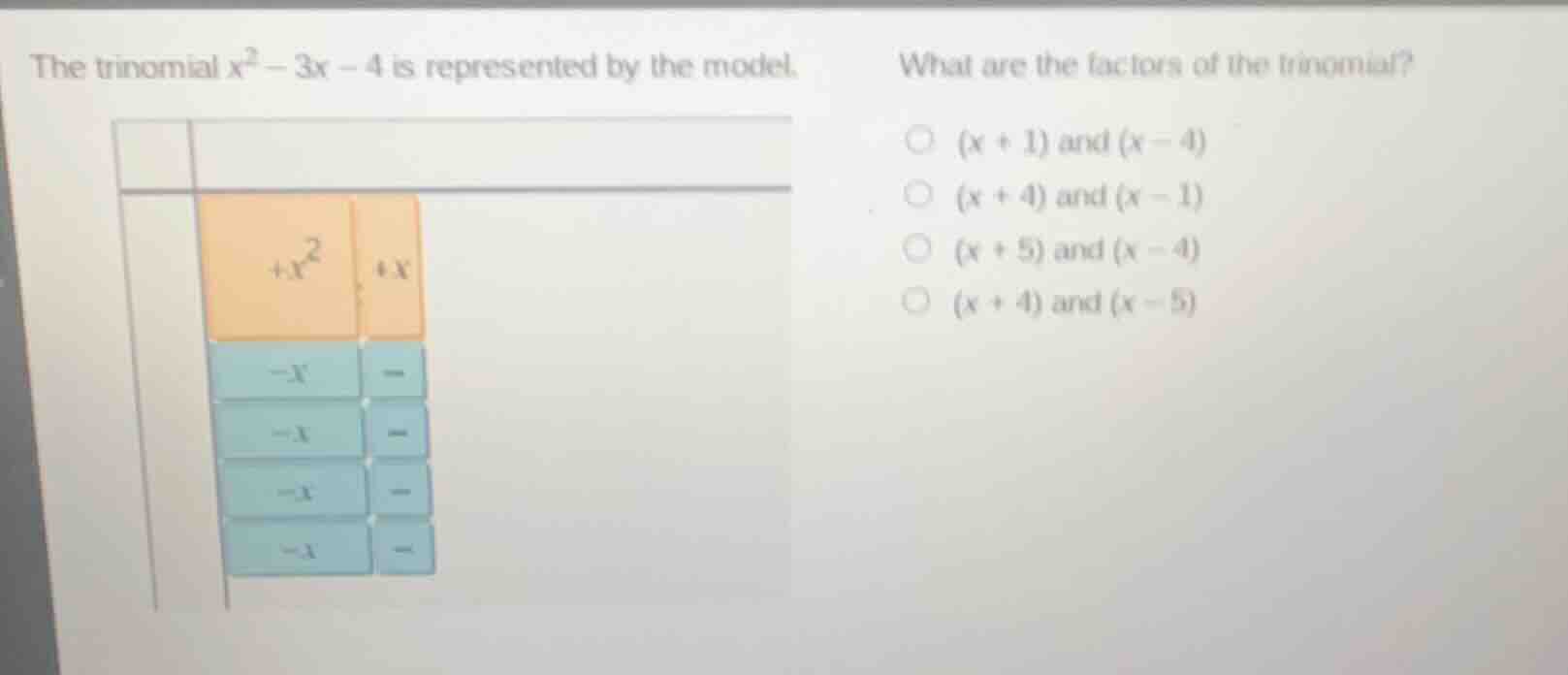 the trinomial $x^2 - 3x - 4$ is represented by the model. what are the …