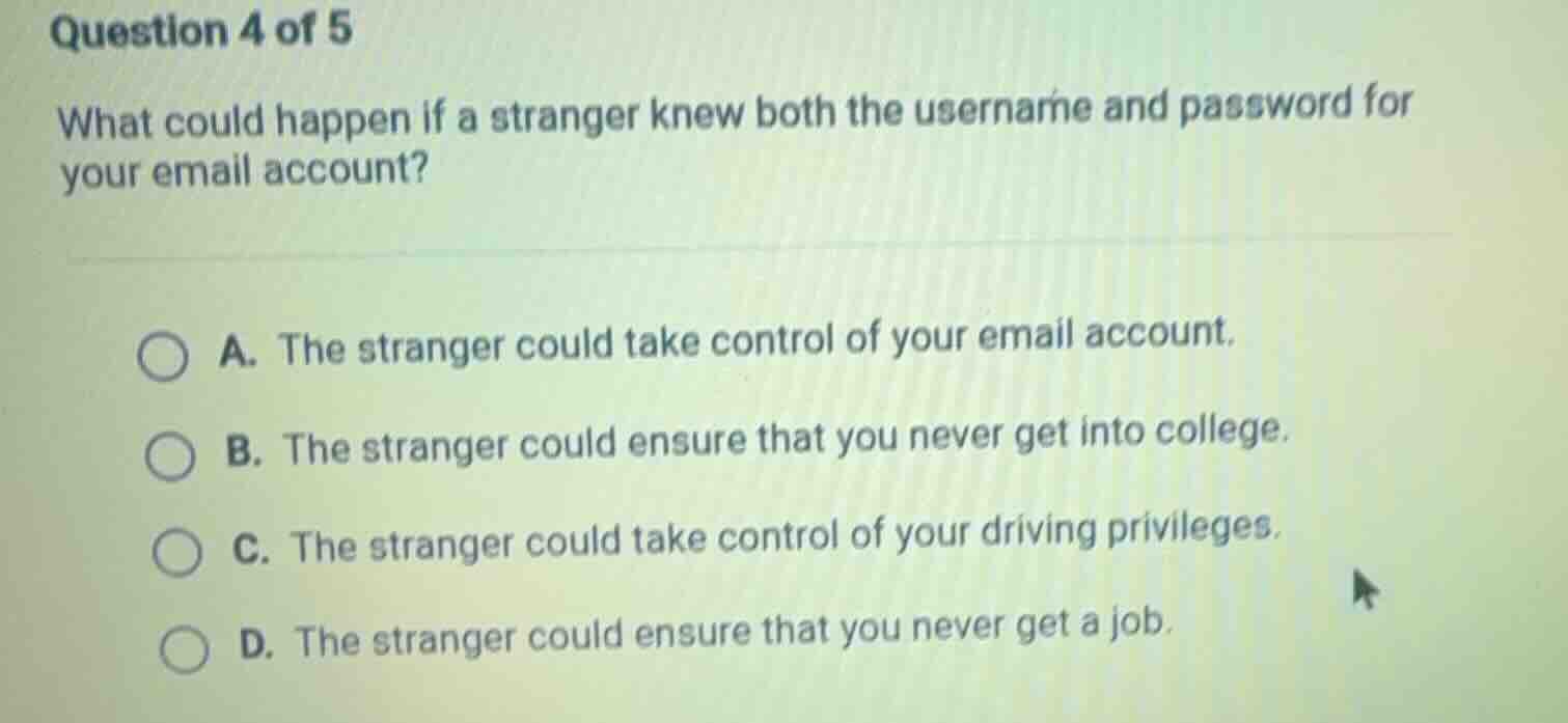 question 4 of 5 what could happen if a stranger knew both the username …