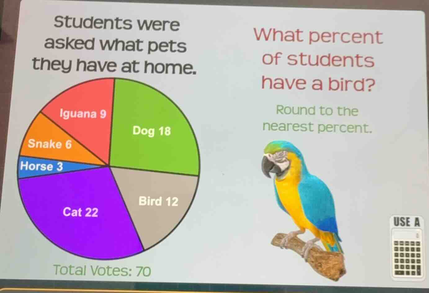 students were asked what pets they have at home. what percent of students have a bird? round to the nearest percent. iguana 9, dog 18, snake 6, horse 3, cat 22, bird 12, total votes: 70