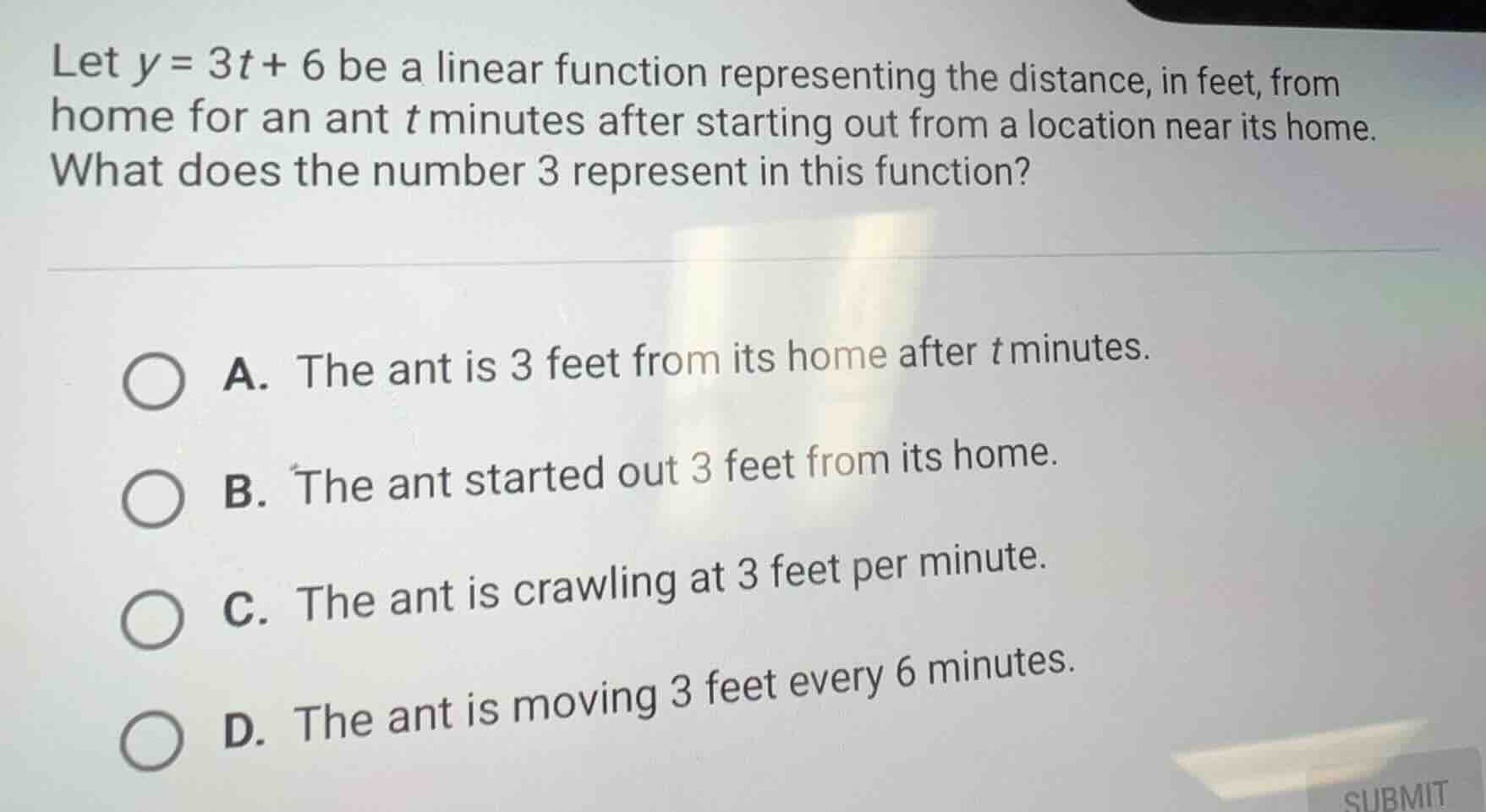 let $y = 3t + 6$ be a linear function representing the distance, in fee…