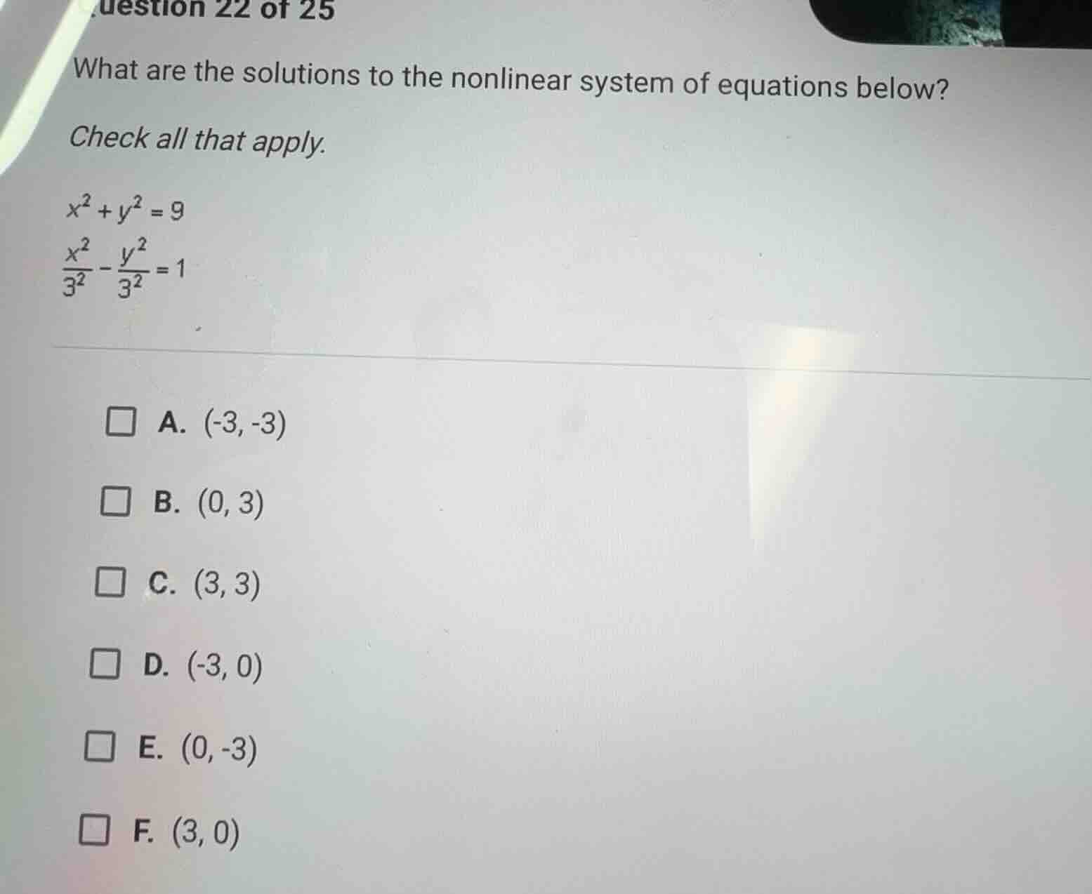 question 22 of 25 what are the solutions to the nonlinear system of equ…