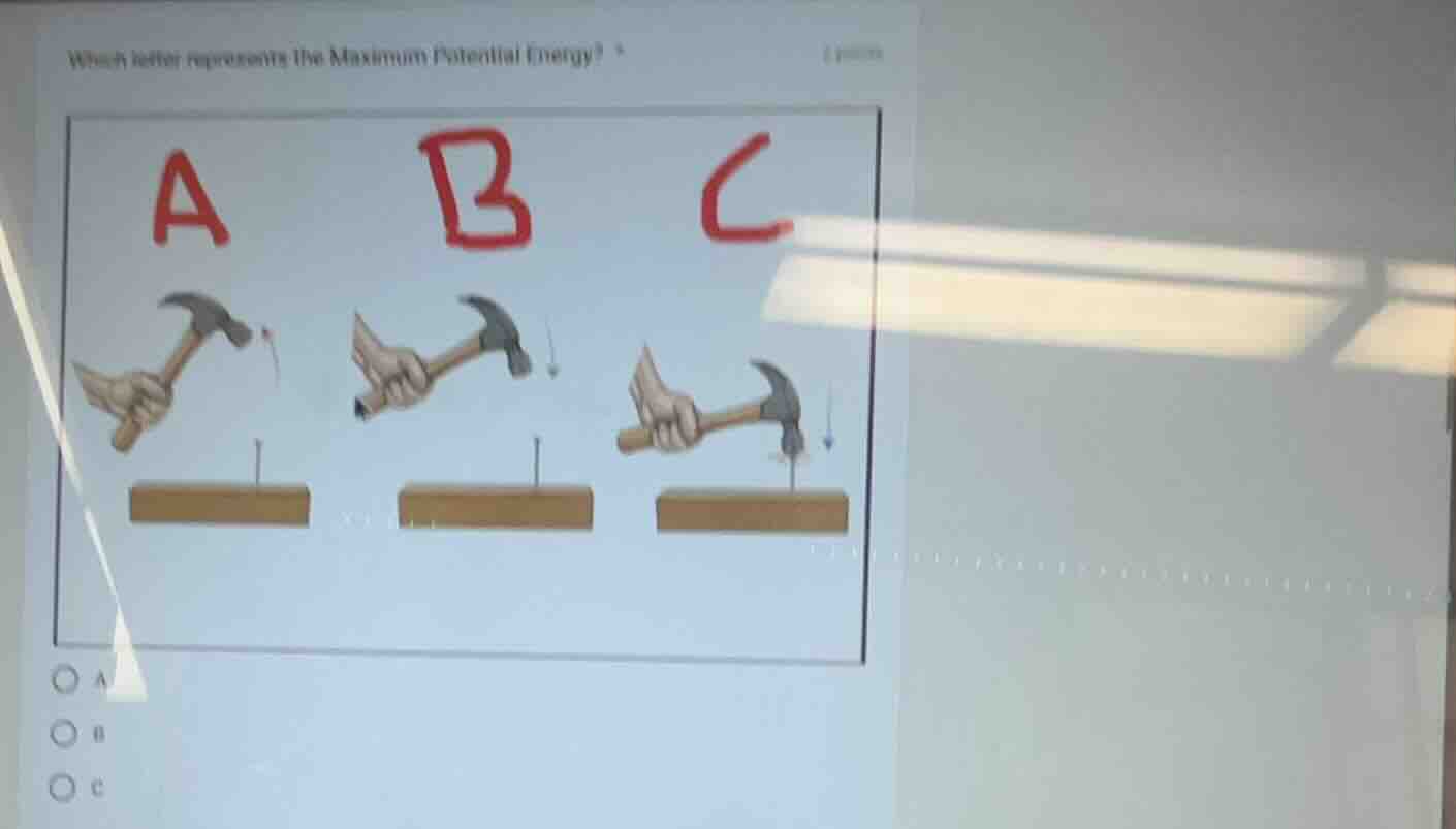 which letter represents the maximum potential energy? options: a, b, c