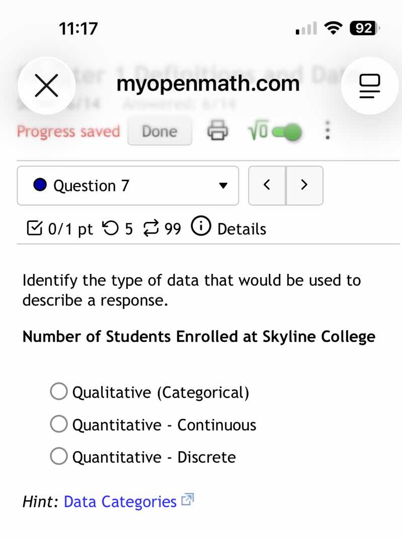 identify the type of data that would be used to describe a response. nu…