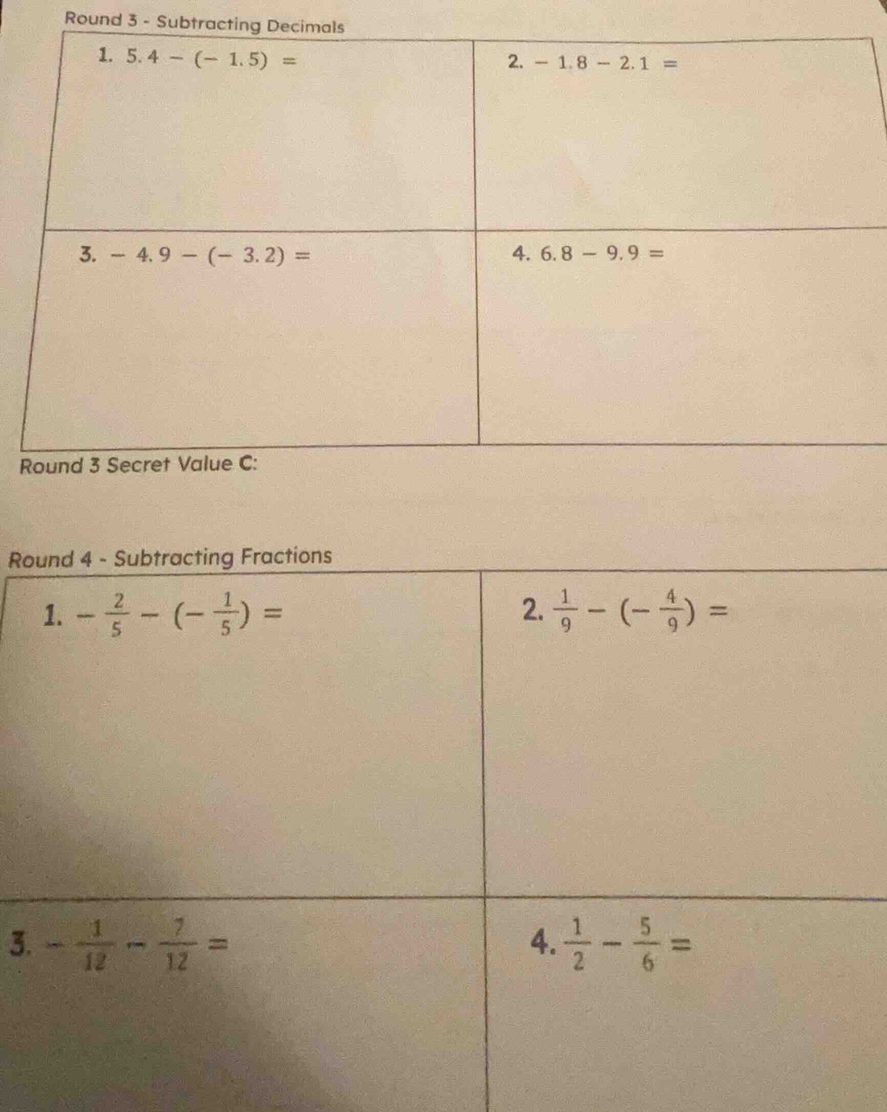 round 3 - subtracting decimals 1. $5.4 - (-1.5) =$ 2. $-1.8 - 2.1 =$ 3.…