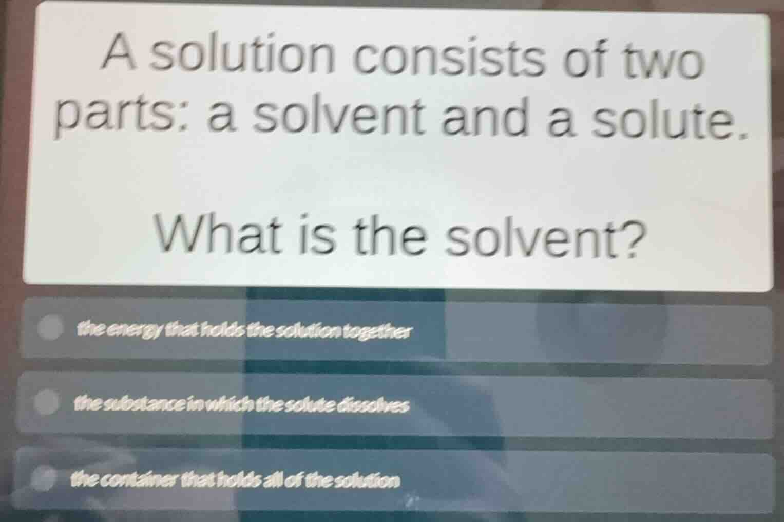 a solution consists of two parts: a solvent and a solute. what is the s…