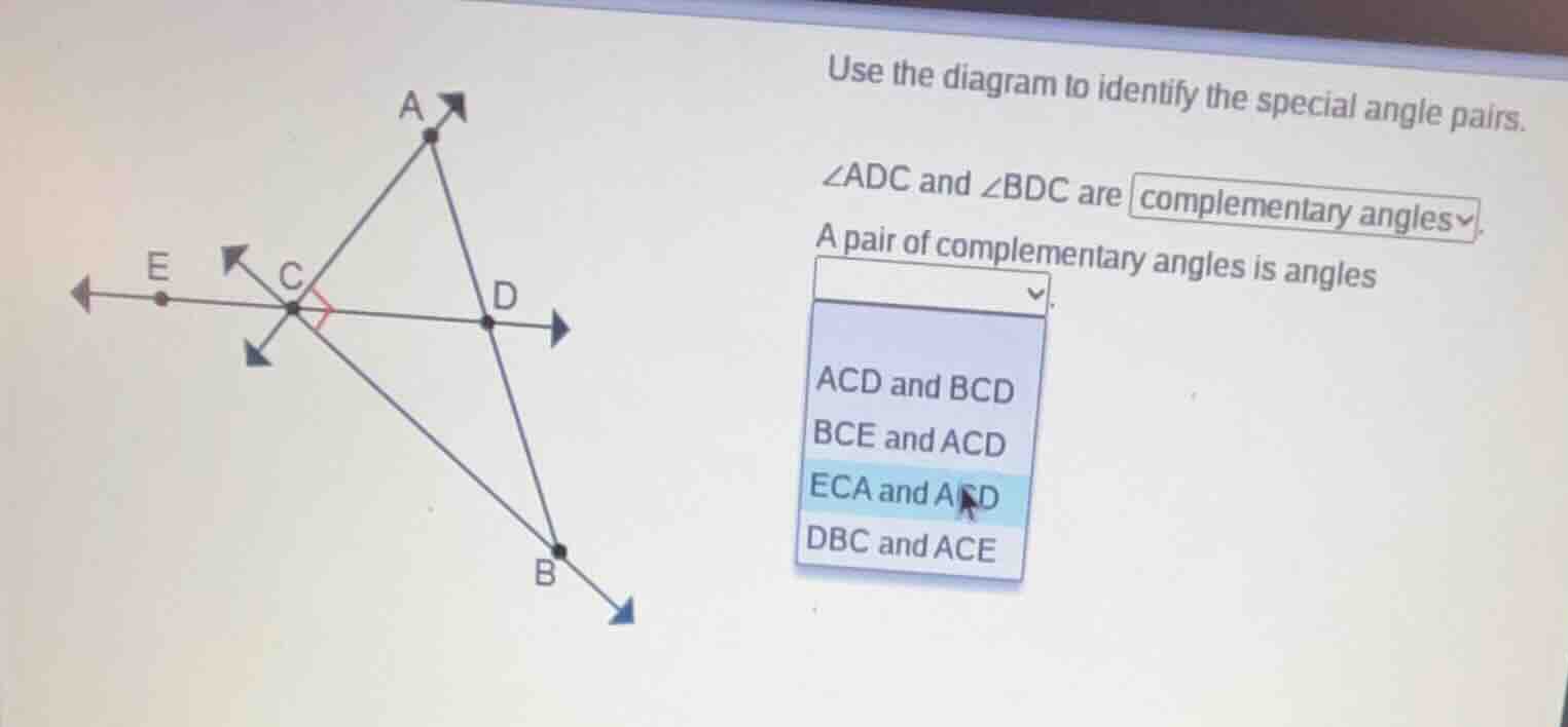 use the diagram to identify the special angle pairs. ∠adc and ∠bdc are …