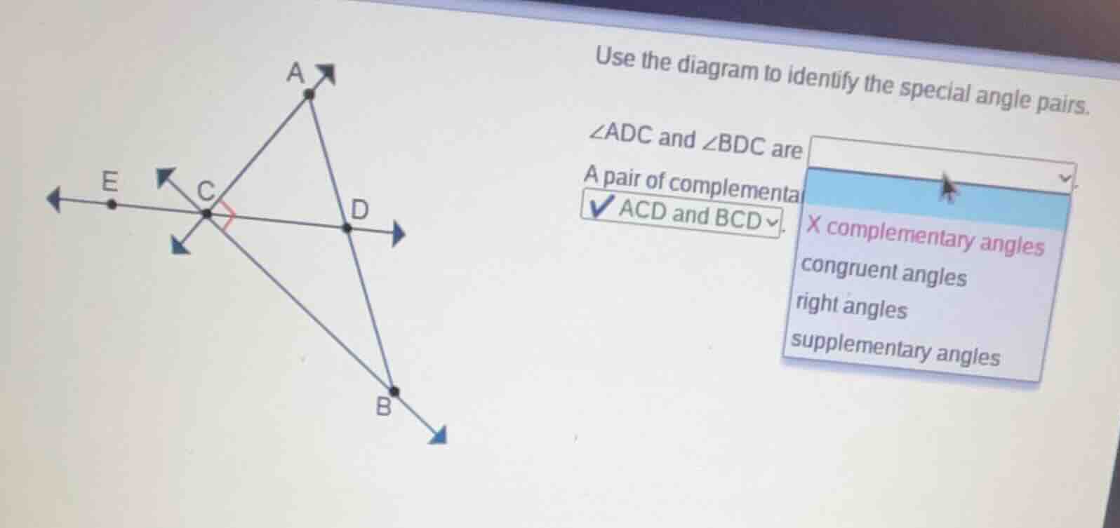 use the diagram to identify the special angle pairs. ∠adc and ∠bdc are …