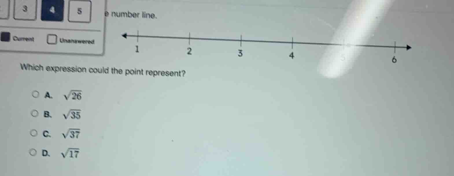 number line. which expression could the point represent? a. $\\sqrt{26}…