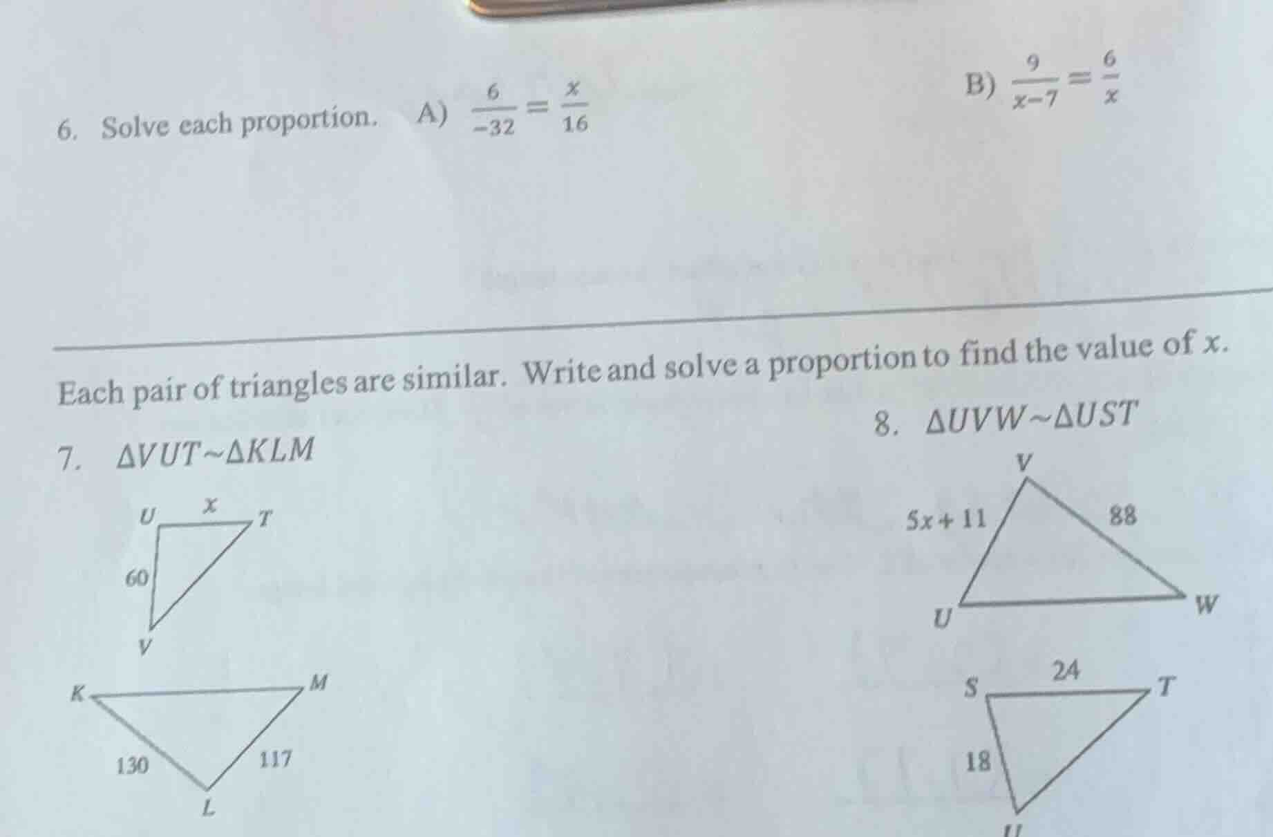 6. solve each proportion. a) \\(\\frac{6}{-32} = \\frac{x}{16}\\) b) \\…