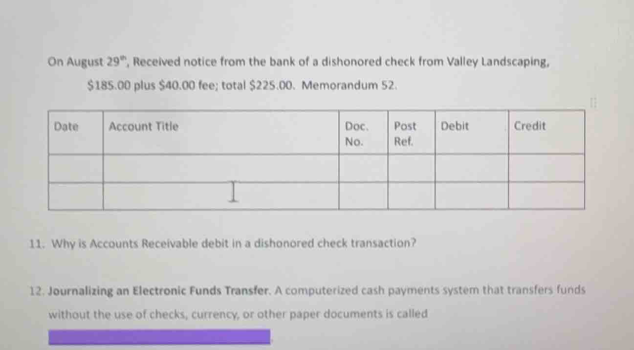 on august 29\, received notice from the bank of a dishonored check from…